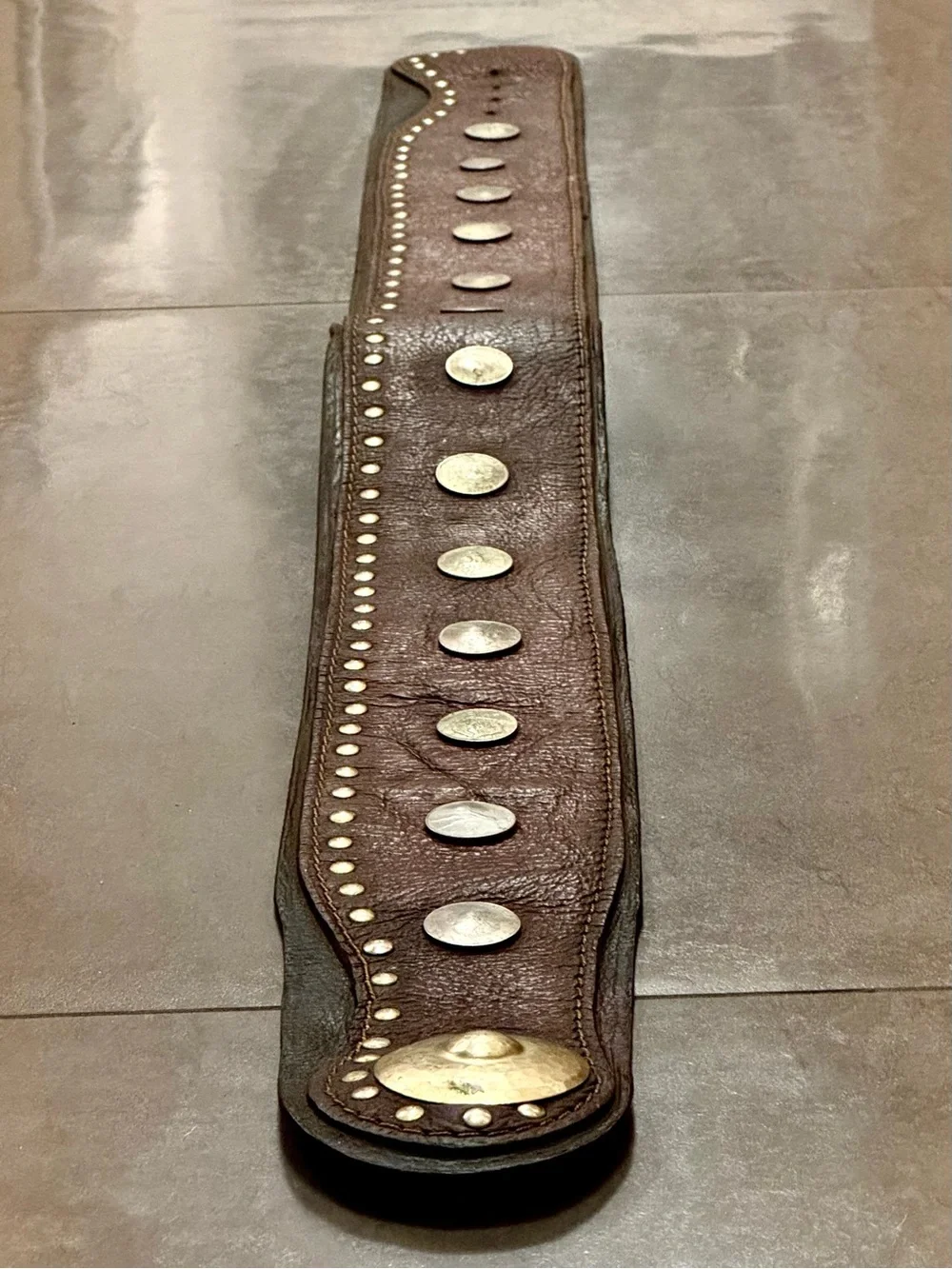 Vintage 1970s Coin-Studded Wide Leather Waist Belt w/ Brass Accent, Men’s XL